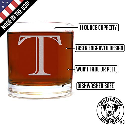 Etched Monogram 10.5oz Rocks Old Fashioned Lowball Glass for Whiskey Scotch Bourbon (Letter T)