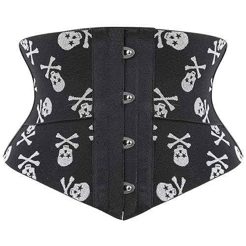 Underbust Corset - Black Color with White Skulls Print Corsets - High Elasticity Crazy Sexy Waist Training Cincher for Halloween - Size (S-M)