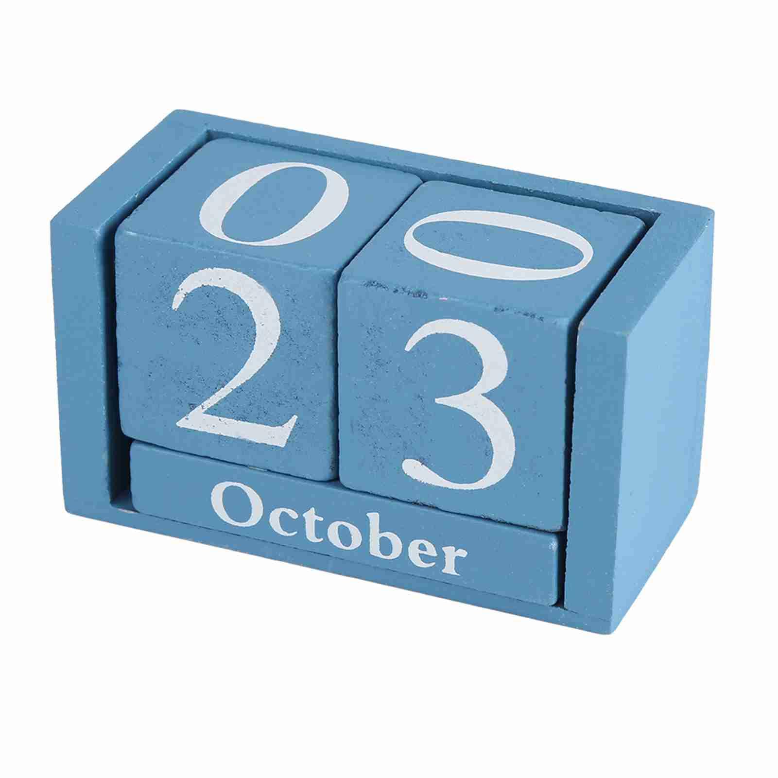 Wood Calendar, Vintage Wooden Calendar Desktop Wood Block Month Date Display Calendar for Home Office Decoration, with Two Large Number Blocks and a Month Block(Blue)