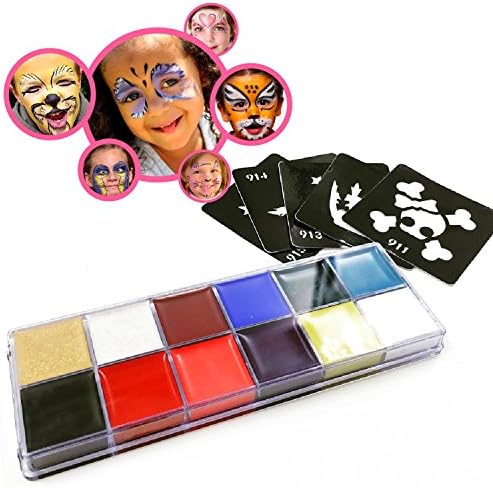 BEST FACE PAINT Kit for Kids. Top Quality Professional Party Palette: 12 Colors, Paper Guide. Safe Non-Toxic Oil-Based Skin Friendly
