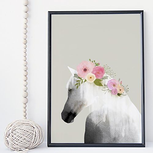 Horse watercolor animal wall art print poster with flowers in mane - unframed