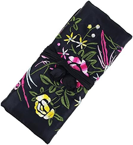 SuoSuo Jewelry Roll,Travel Jewelry Roll Bag,Black Silk Embroidery Brocade Jewelry Organizer Case with Tie Close