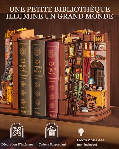 Rolife Book Nook DIY Miniature House Kit Wooden Adult Model with Lights Silent Corner Study Booknook Puzzle 3D Bookends Diorama Library Decoration Book Living Room