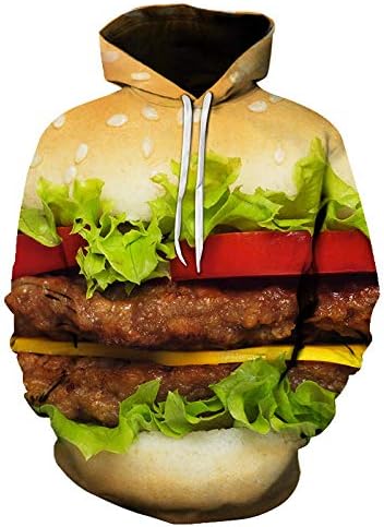 WEIYIGE 3D Sweater Print Delicious Burger Hooded Pocket Hooded Hooded Sweatshirt
