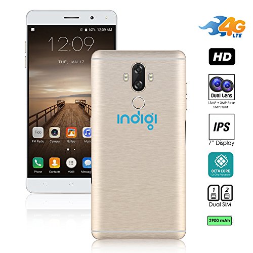 Indigi 2017 GSM Unlocked 4G LTE Android 7.0 Nougat 6" SmartPhone [Octa-CORE + DUALSIM + Fingerprint Scanner] Brushed Aluminum finish (Gold)
