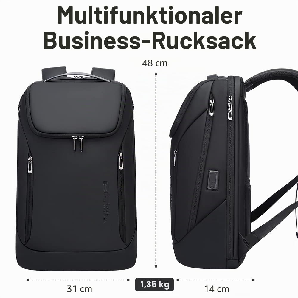 BANGE Business-Smart-Rucksack, wasserdicht, 39,6 cm (15,6 Zoll), Laptop-Rucksack mit USB-Ladeanschluss, langlebiger Reise-Rucksack schwarz,M 6