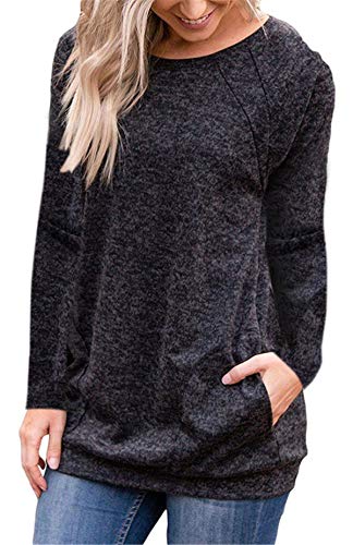 onlypuff Long Sleeve Shirt Women Round Neck Casual Tops Pockets T Shirts Solid Color Blouse Tunics Dark Gray L