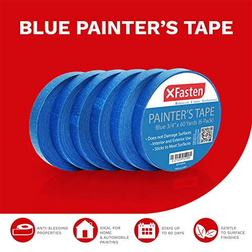 XFasten Blue Painters Tape, MultiUse, 3/4 Inches x 60 Yards (Pack of 6