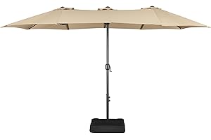 Yaheetech 15 ft Triple-size Patio Umbrella w/Base Included - Market Extra-Large Double Sided Umbrella - Twin-size Patio Parasol w/Easy Crank & 12 Strong Ribs & Ventilation Openings,Tan