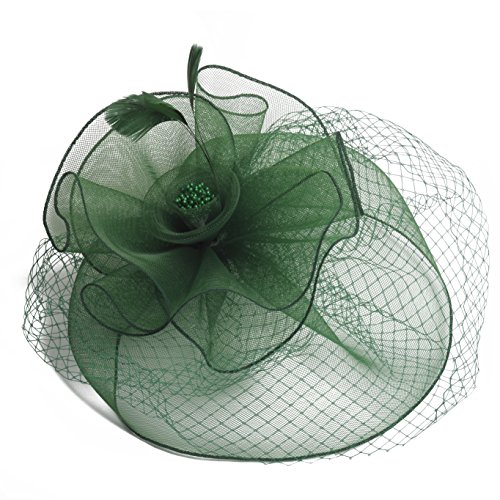 Lusiyu Fashion Women's Flower Feather Mesh Net Fascinator Hat (Green) - Thumbnail 3