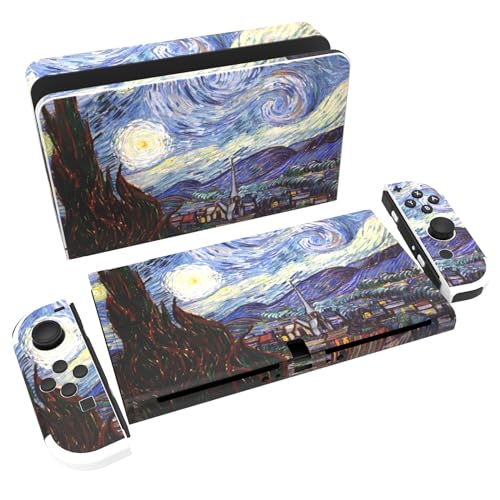 PlayVital Full Set Protective Stickers for Nintendo Switch OLED Model, Customized Vinyl Decal Skins for Switch OLED Console & Joycon & Dock & Grip - The Starry Night