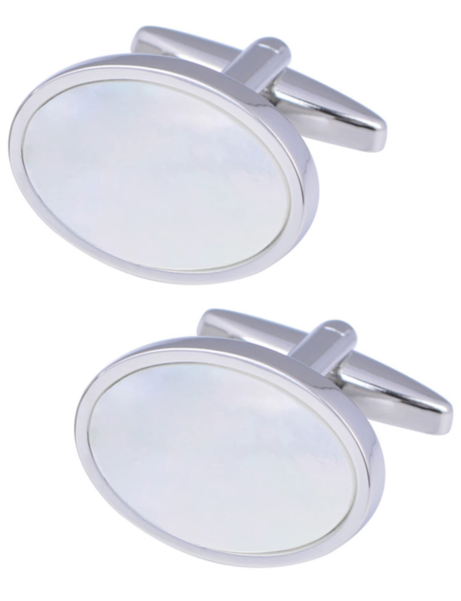 Jonwo Mother of Pearl Men Cufflinks and Tie Clip Set Regular Necktie Tie Bar Pin Cuff Links for Wedding Business Shirt Tie (Oval Silver Cufflinks in Gift Case)