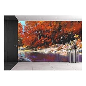 River in The Autumn Forest,Landscape Painting - Removable Wall Mural | Self-Adhesive Large Wallpaper - 66x96 inches