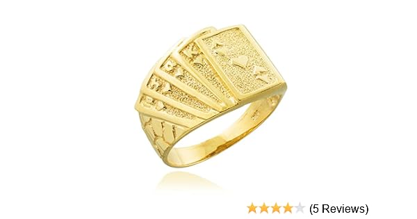 Mens 10k Yellow Gold Lucky Nugget Band Royal Flush Of Hearts Poker Ring