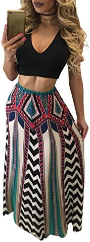 Women's Ethnic Print High Waist Casual A-Line Maxi Skirt Crop Top Set(2 Pieces) (Medium)