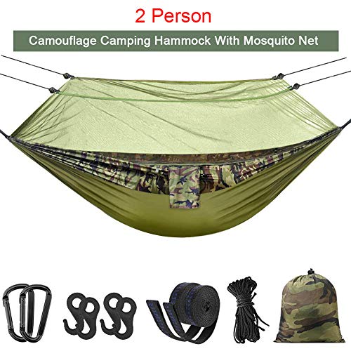 Hieha Double Camping Hammock with Mosquito Net Tree Hmamocks,Portable Travel Hiking Camping Hammocks for 2 Adults,Outdoor Home Backyard Lightweight Backpacking Camping Hammock with Tree Straps
