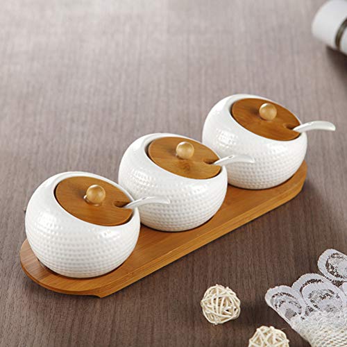 Ceramic Spice Jars Set Porcelain Condiment Container with Bamboo Lids and Wooden Tray for Home Kitchen - Thumbnail 7