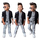 Rorychen Fashion Plaid 3pcs Clothing Sets(Outerwear,Shirt,Jeans Trousers) 4T Black