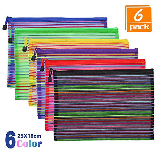 Zipper Mesh Pouch, 6 Pcs 6 Colors 9.8''x 7" Pencil Pen Document Bag Zipper File Bags Storage Pouch for Travel Cosmetics Makeup, Offices Supplies, Travel Accessories - Thumbnail 7