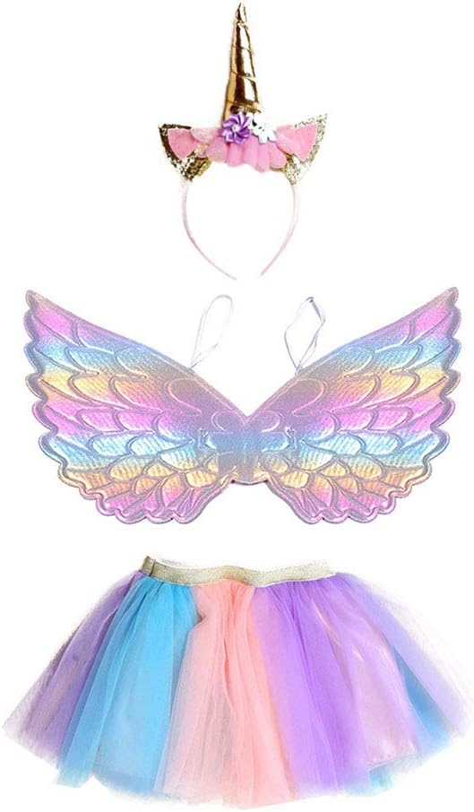 FENICAL Unicorn Tutu Costume Set Unicorn Skirt Outfit Birthday Party Dress with Unicorn Headband Wings for Girls Kids - S