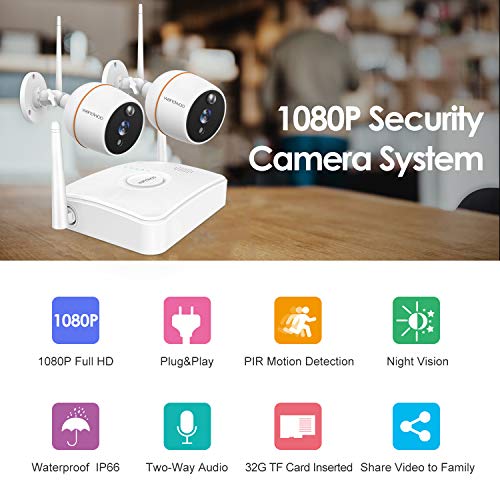 Security Camera System Wireless,Wandwoo 4CH 1080P NVR with 2pcs 1080P WiFi Cameras,Support 2-Way Audio,PIR Motion Detection,Indoor/Outdoor Wireless Camera System with 32G SD Card Include(Max 128G)