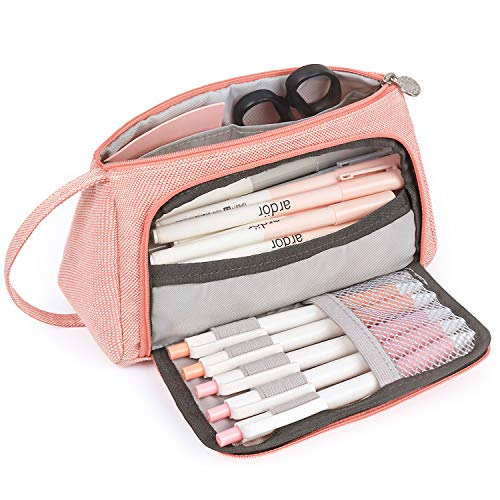Mokani Pencil Case, Big Capacity Pencil Pen Pouch with Handle, Stationery Bag Supplies Box for Student Office College Middle School High School, Pink