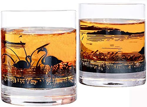 JILLMO Whiskey Glass - Set of 2 Old Fashioned Glass with Flamingo Printed, Heavy Base 11OZ Rocks Glass