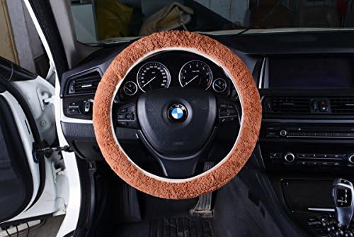 Okayda Top Leather Curly Wool Sheepskin Steering Wheel Cover Standard Size Anti-Slip Plush Auto Car Wrap Cover for vehicles,Suv Brown