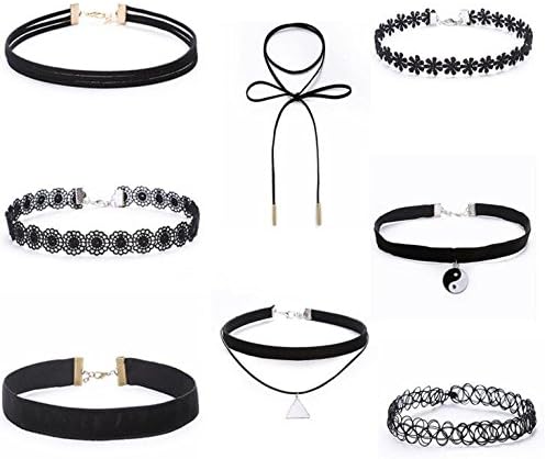 YesluckY 8 Pcs/Set Fashion Jewelry Black Velvet Choker Necklace Set Gothic Necklace Ladies Handmade Collar Chocker
