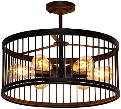 EFINEHOME Vintage Barn Metal 6 Lights Semi-flush Mount Ceiling Lights Fixture Drum Shape Hanging Chandelier Painted Finish