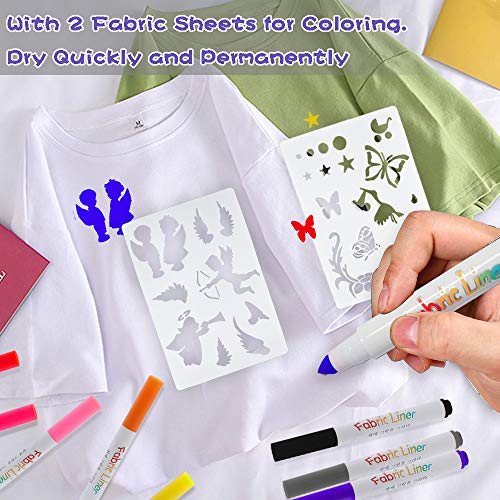 Fabric Markers,Happlee Fabric Paint Pens Permanent 12 Colors for T-Shirts Clothes with 2 Stencils Set and 1 Roll Invisible Tape