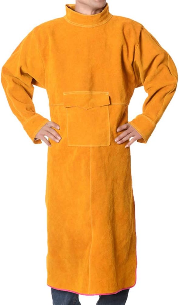 Cowhide Leather Welding Jacket, Heavy Duty Fire Resistant Welding Apron,Safety Workshop Protection Welding bib, Long Anti-Scald Flame Resistant Welding Coat Suit for Welder,Men,Women,Yellow