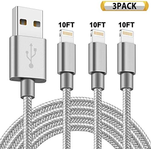 Zcen MFi Certified iPhone Charger 3Pack 10FT Nylon Braided USB Charging & Syncing Cord Compatible iPhone Xs/Max/XR/X/8/8Plus/7/7Plus/6S/6S Plus/SE/iPad/Nan - Grey