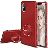 HENPONE iPhone X Case for Women, iPhone XS Case,Glitter Girly Phone Cover with Stand Kickstand Ring Holder Luxury Diamond Sparkle Bling iPhone X/XS Case for Girls - Red