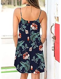 PINKMILLY Vestido corto con bolsillos para mujer, cuello en V, estampado, con correa de espagueti, flotante