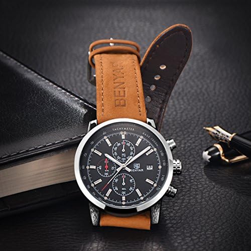 PHCOOVERS Men's Quartz Analog Brown Leather Bracelet Chronograph Auto Date Wrist Watches with box
