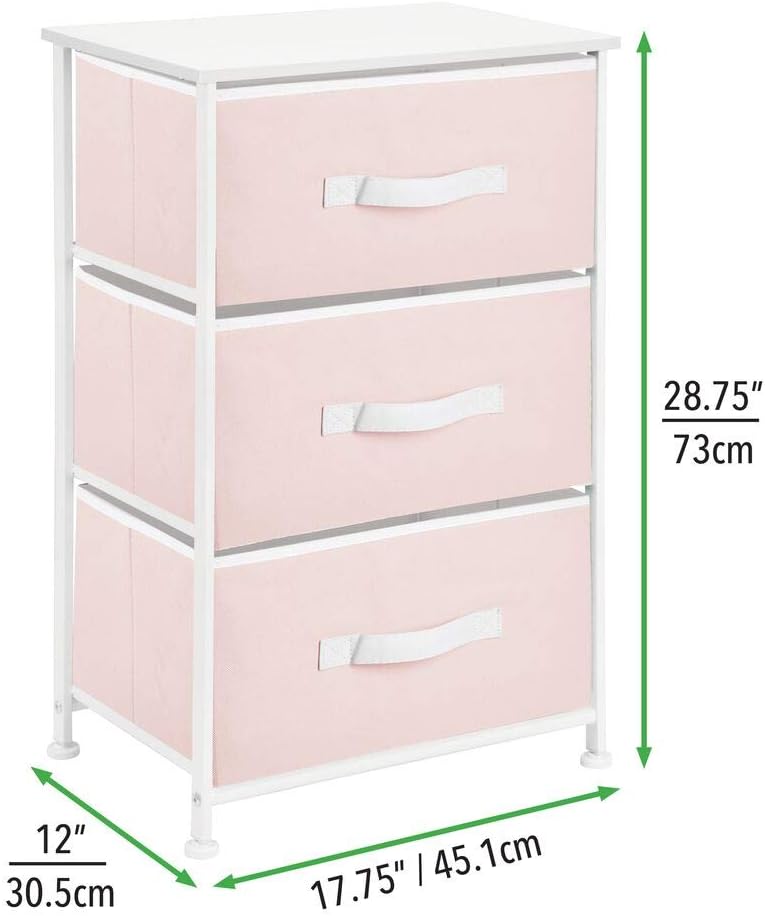 mDesign 3-Drawer Vertical Dresser Storage Tower - Sturdy Steel Frame, Wood Top and Easy Pull Fabric Bins - Multi-Bin Organizer Unit for Child/Kids Bedroom or Nursery - Light Pink/White: Home & Kitchen