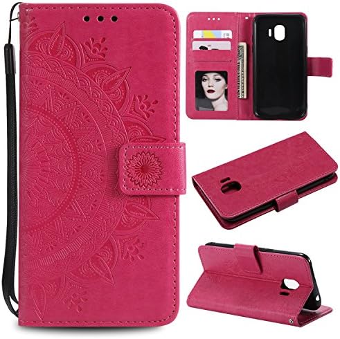 Galaxy J2 Pro 2018 Floral Protective Wallet Case,Galaxy J2 Pro 2018 Strap Flip Case,Leeook Pretty Elegant Embossed Totem Flower Design Pu Leather Bookstyle Magnetic Card Slots Wrist Strap Rose Gold Soft Inner Stand Flip Skin Case Cover Book Style With Lanyard Strap for Samsung Galaxy J2 Pro 2018 + 1 x Free Black Stylus-Red