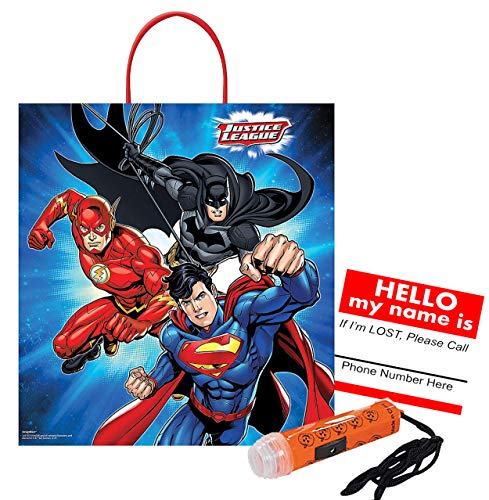 Justice League - Batman, Superman & The Flash! Medium Sized Halloween Trick Treat Candy Loot Bag!! Plus Safety First Sticker & Mini Halloween Flashlight Necklace!