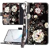 Lontect for Galaxy Note 10 Plus Case PU Leather Wallet Case Kickstand with Detachable Slim Back Cover, Card Holders, Wrist Strap, Magnetic Closure for Samsung Galaxy Note 10 Plus, Black/White Flower