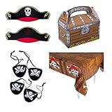 Pirate Party Supplies, Fun Pirate Themed Favors and Decorations, Kit Features 12 Pirate Treasure Treat Boxes, 12 Pirate Hats, 12 Eye Patches, and 1 Pirate Tablecloth by M&M Products Online