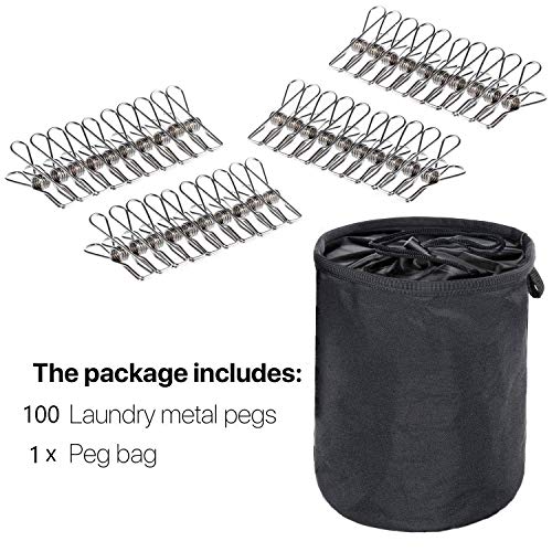 Peg Bag with Clothes Pegs, 100 Pack Powerful Stainless Steel Clips in Weather Resistant Laundry Peg Bag with Hanging Hook for Wash Line - Thumbnail 6