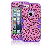 iPhone 5 Case, MagicMobile® Hybrid Protective iPhone 5 Case Dual Shockproof Hard Cover Rubber Silicone Rigid Plastic Tough Armor Impact Resistant Heavy Duty Case for iPhone 5 [ Hot Pink Leopard Design Pattern - Purple ]