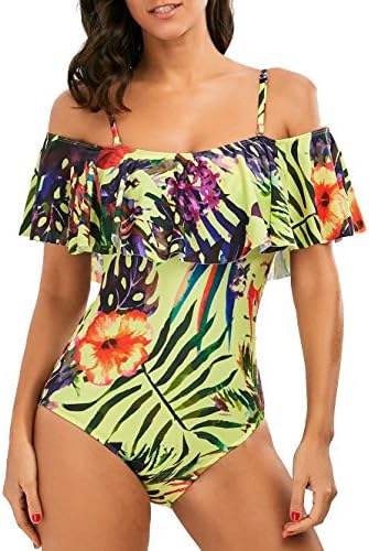 LAVENCHY Women One Piece Plus Size Floral Print Strappy Flounce Ruffled Padded Cute Swimsuits Swimwear for Juniors Yellow,Size XL=US 12-14