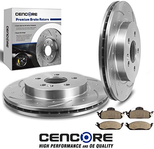 (Front) Combo Brake Kit 2 Drilled Slotted Disc Brake Rotors & 4 Brake Ceramic Pads compatible with Mercedes Benz ML320 1998 1999 2000 2001 02 03, Mercedes Benz ML350 03 04 05, Mercedes Benz ML430 1999