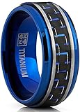 Men's Brushed Blue Titanium Wedding Bands Ring with Black and Blue Carbon Fiber Inlay, 9mm Comfort Fit 9