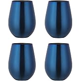 Buyer Star 304 Stainless Steel Wine Glasses Set of 4 - Large 17 oz Outdoor Stemless Wine Tumblers - 100% Unbreakable & Stemless Metal Drinking Cups for Home and Outdoors Dishwasher safe (Blue)