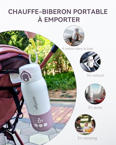 Comfyer BW01 Portable Wireless Portable Baby Bottle Warmer, Fast Heating in 2 Mins for Milk/Water, Long Battery Life 12000 mAh, Adjustable Temperature, Capacity 340 ml, Ideal for Travel, Car