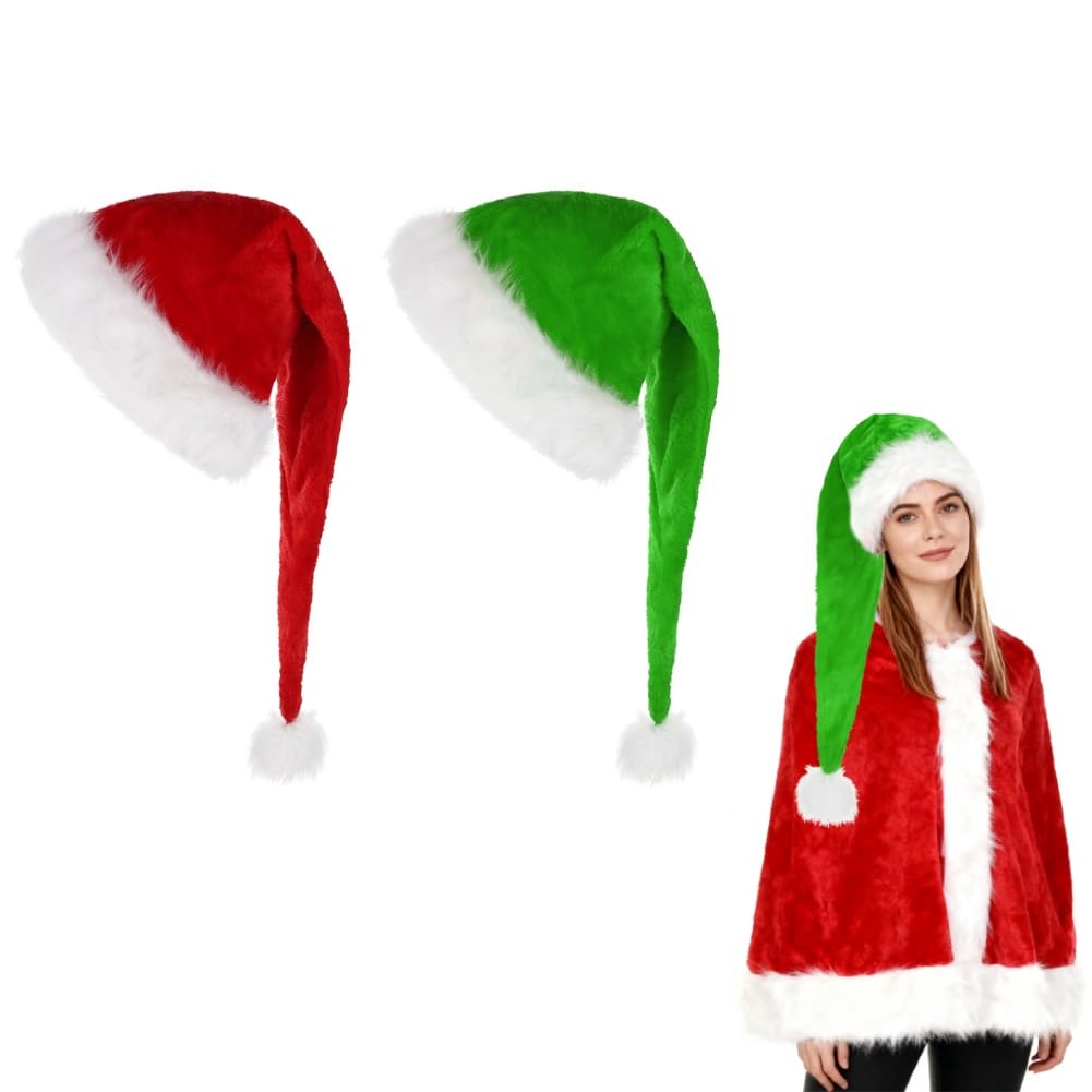 SIQITECHUK 2Pcs Adult Extra Long Santa Claus Hats Plush Luxury Father Christmas Hats with A Pompom Plus Long Xmas Cap for Christmas New Year Festive Party (Red+Green)