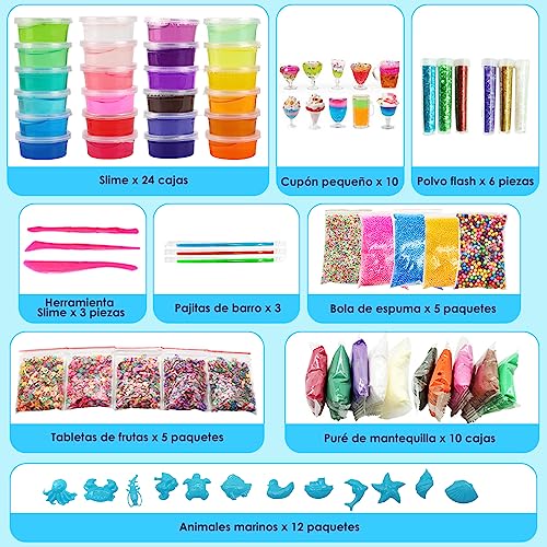 Nasjac Slime Kit Fabricación para Niñas Niños, 120 Pcs DIY Kit de Limo de Suave No pegajoso Liso, 24 Color Crystal Slime Set Juguetes para Apretar, Regalo de Navidad Niña Niño 3+Años